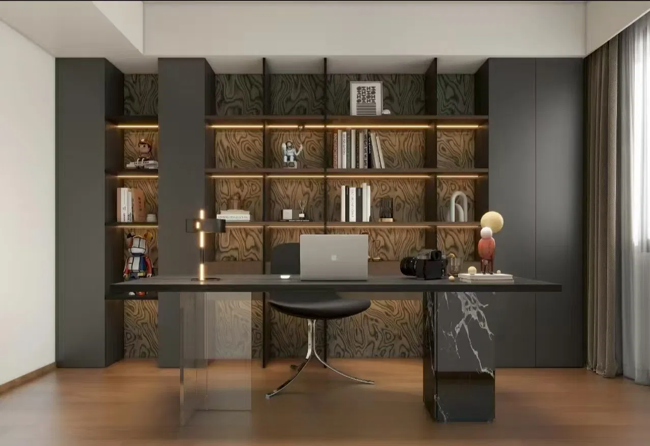SWETE Modern Style Study Bedroom Desk Home Melamine Wholesale Modern Design Bookcase Custom Design Glass Door Light Strip-7