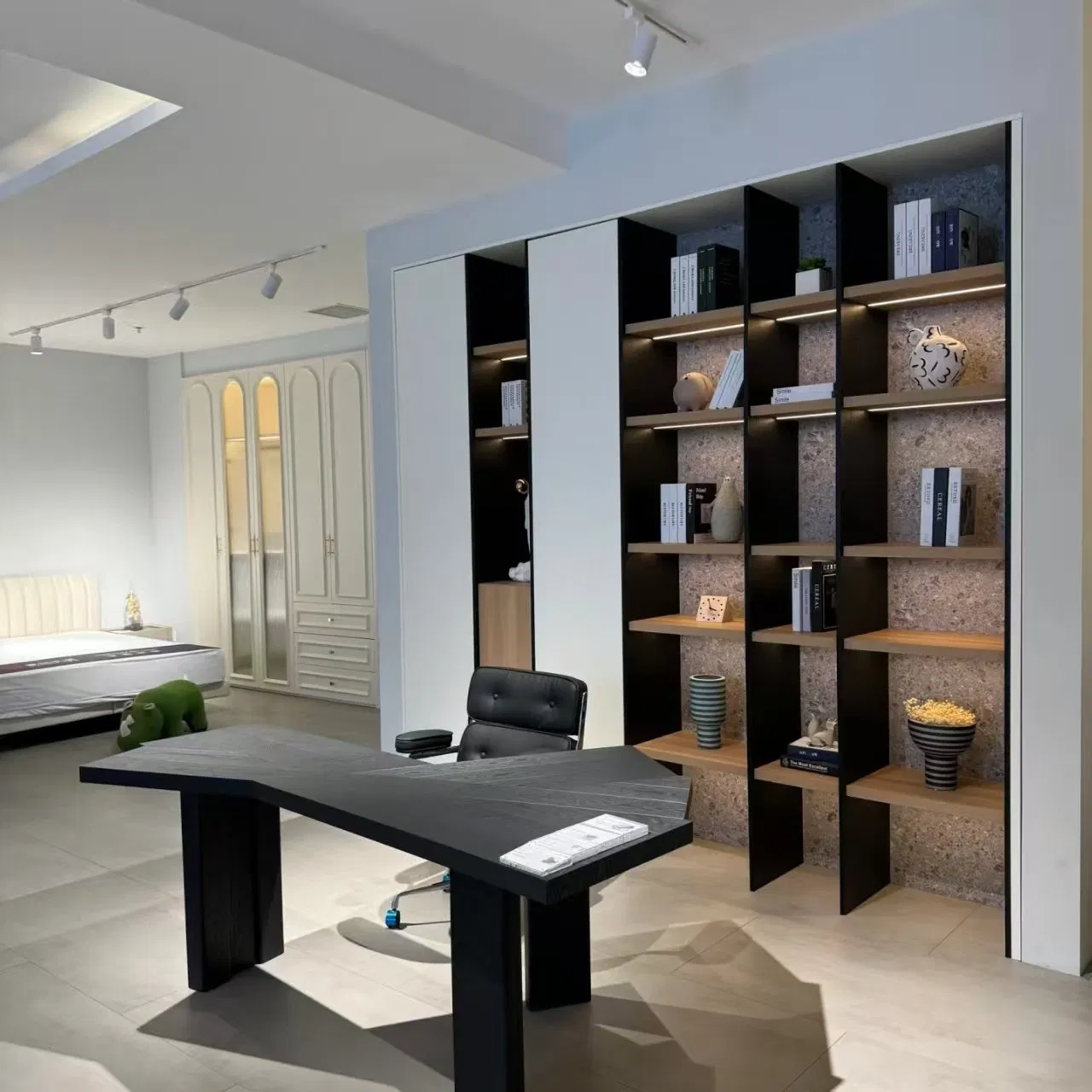 SWETE Modern Style Study Bedroom Desk Home Melamine Wholesale Modern Design Bookcase Custom Design Glass Door Light Strip-12