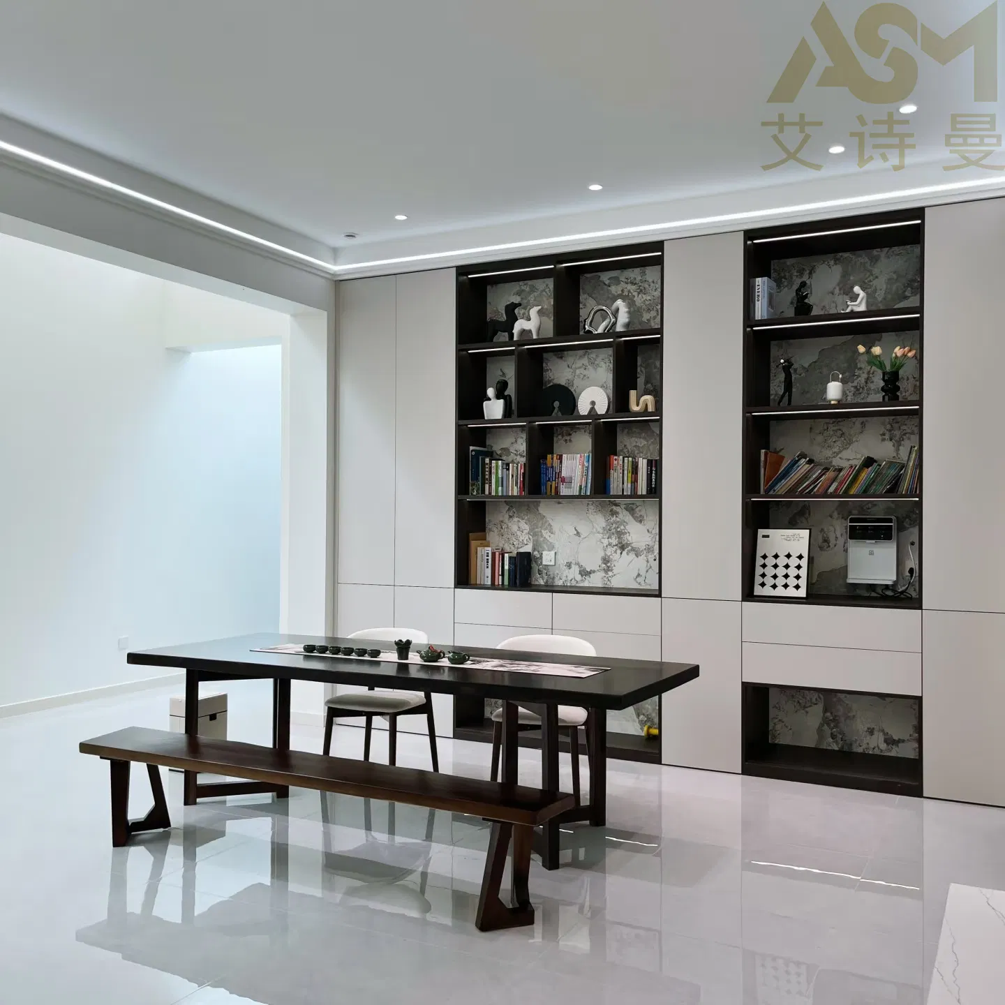 SWETE Modern Style Study Bedroom Desk Home Melamine Wholesale Modern Design Bookcase Custom Design Glass Door Light Strip-19
